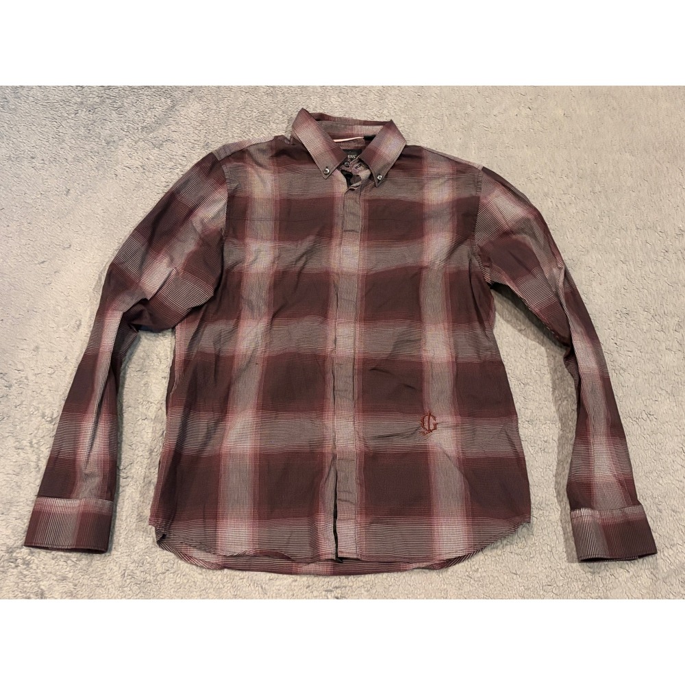 Guess Mens Large Plaid Button Down Shirt Burgundy Grey Long Sleeve M03205BFIH0